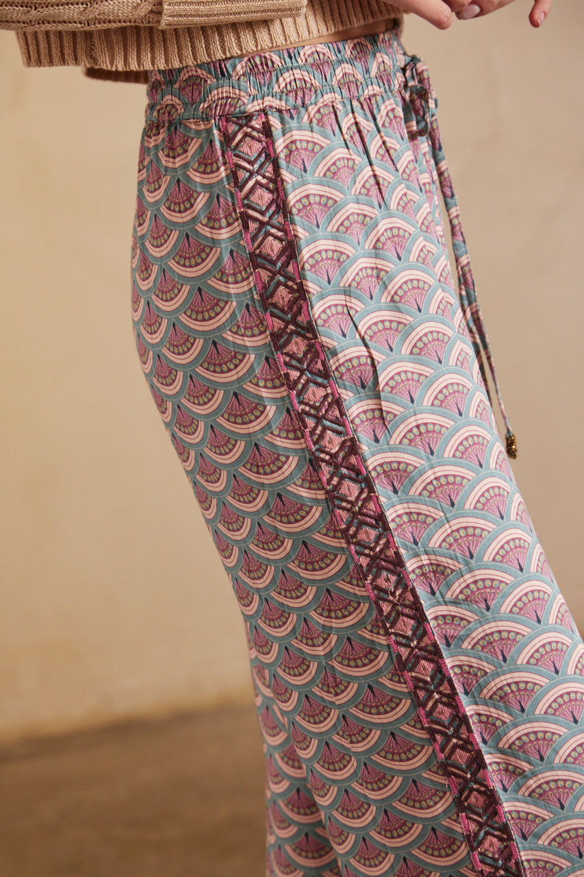 PRINTED FLUID STRAIGHT PANTS WITH EMBROIDERY - ROSE
