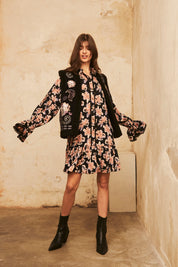 SHORT PRINTED LONG-SLEEVED DRESS - BLACK