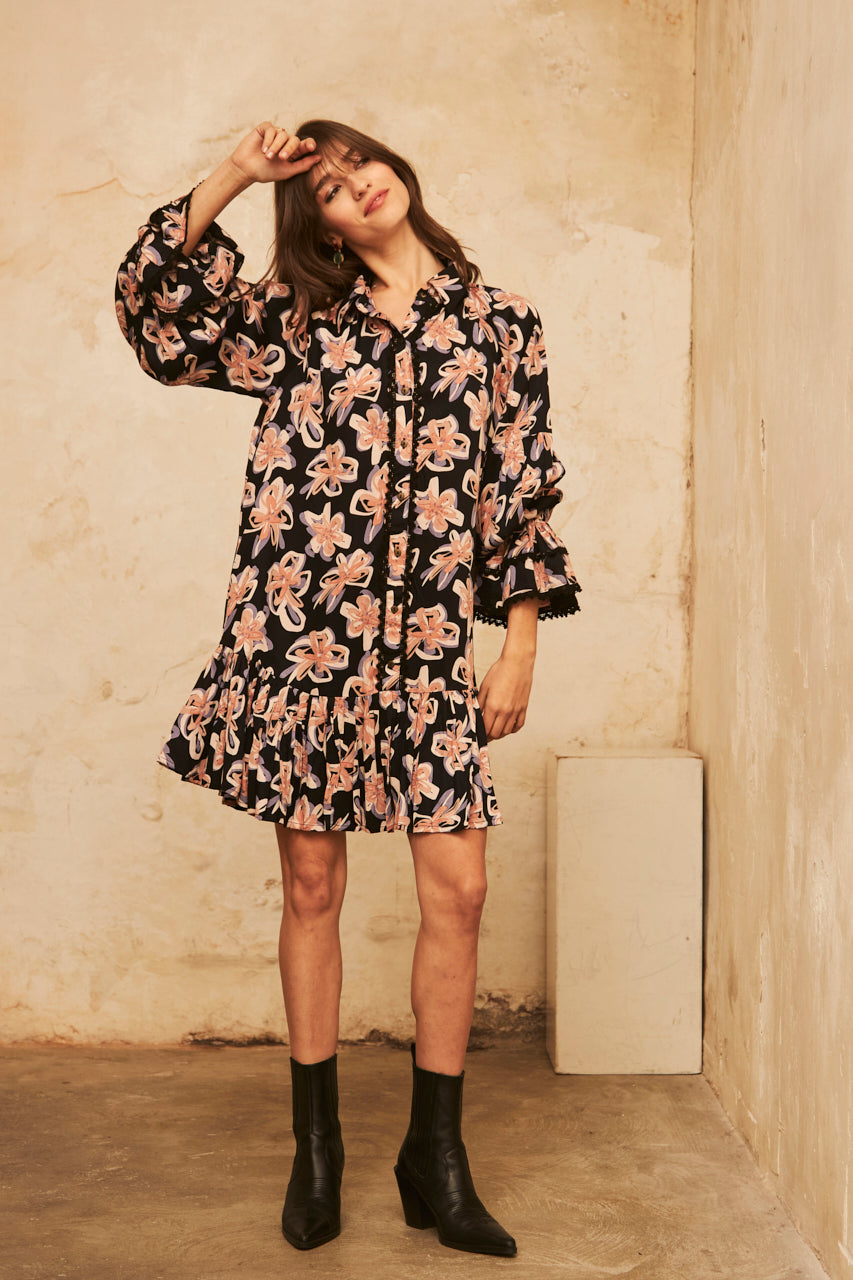 SHORT PRINTED LONG-SLEEVED DRESS - BLACK