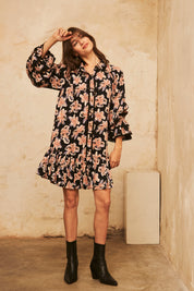 SHORT PRINTED LONG-SLEEVED DRESS - BLACK