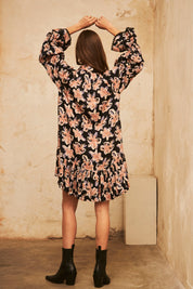 SHORT PRINTED LONG-SLEEVED DRESS - BLACK
