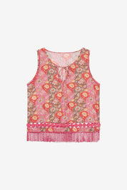 PRINTED FRINGED TOP - PINK