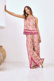 PRINTED FRINGED TOP - PINK