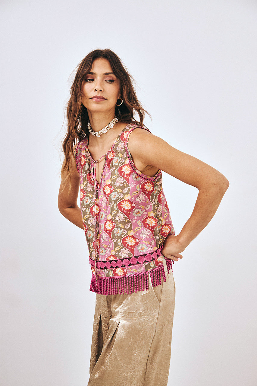 PRINTED FRINGED TOP - PINK