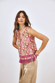 PRINTED FRINGED TOP - PINK