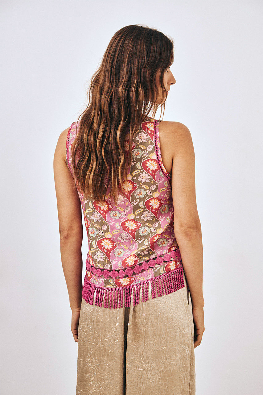 PRINTED FRINGED TOP - PINK