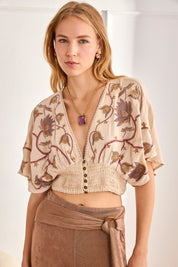 CROPPED BLOUSE WITH EMBROIDERED FLOWERS - Ecru