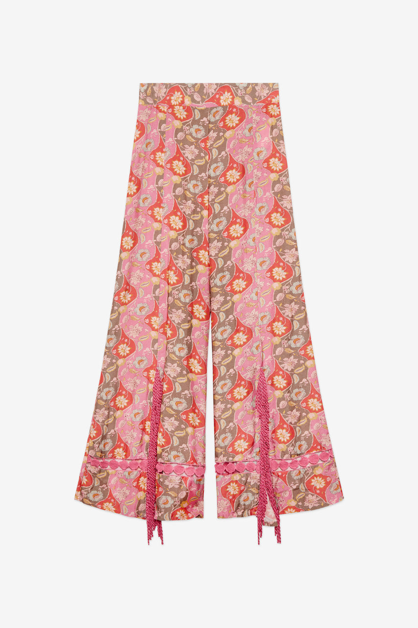 PRINTED TROUSERS WITH FRINGES AND LACE - PINK