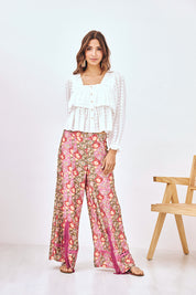 PRINTED TROUSERS WITH FRINGES AND LACE - PINK