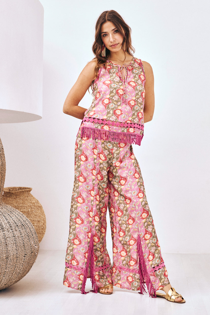 PRINTED TROUSERS WITH FRINGES AND LACE - PINK