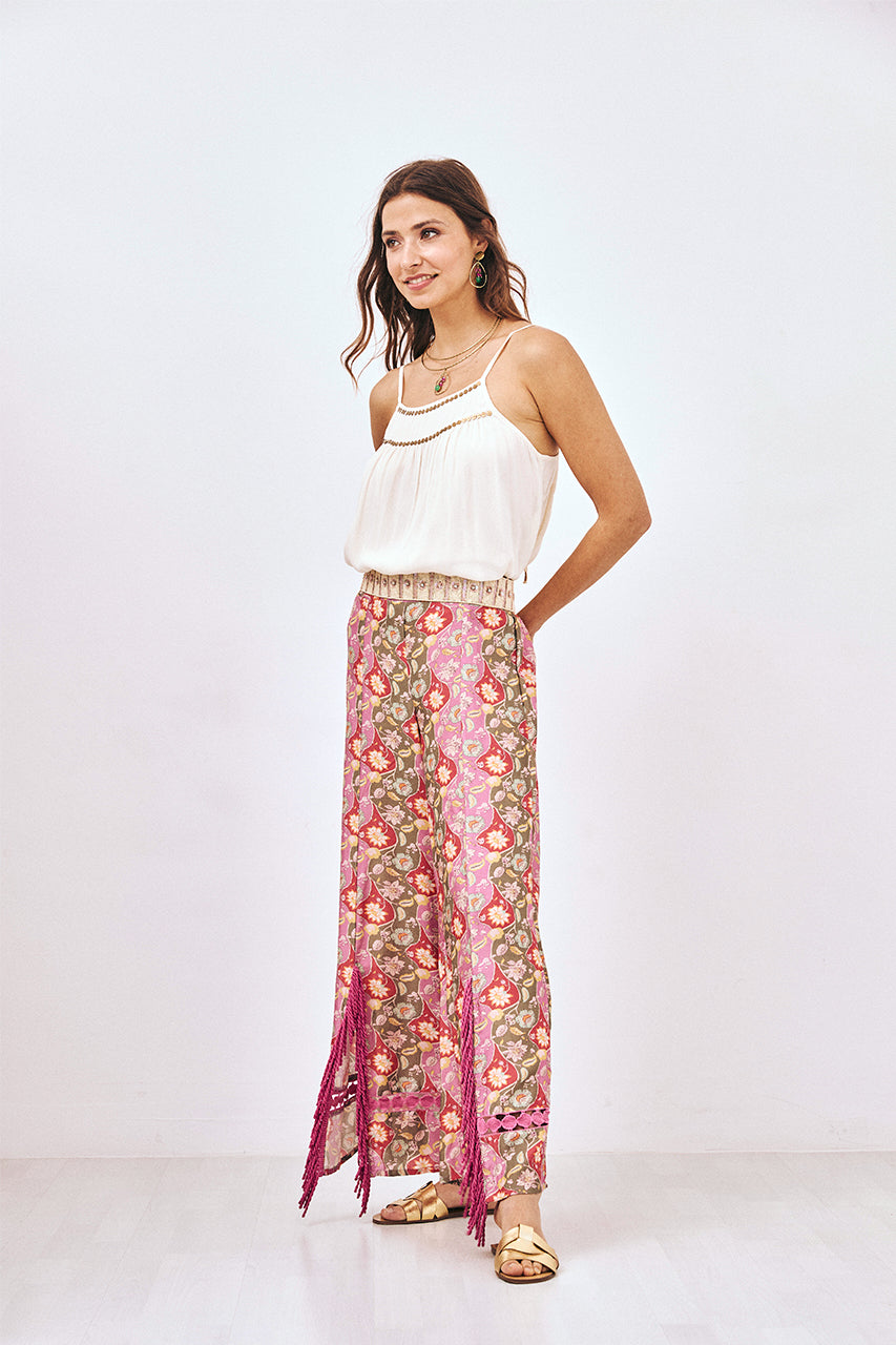 PRINTED TROUSERS WITH FRINGES AND LACE - PINK