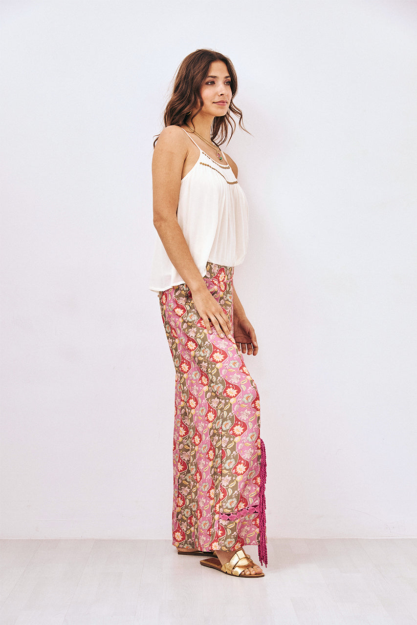 PRINTED TROUSERS WITH FRINGES AND LACE - PINK