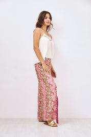 PRINTED TROUSERS WITH FRINGES AND LACE - PINK
