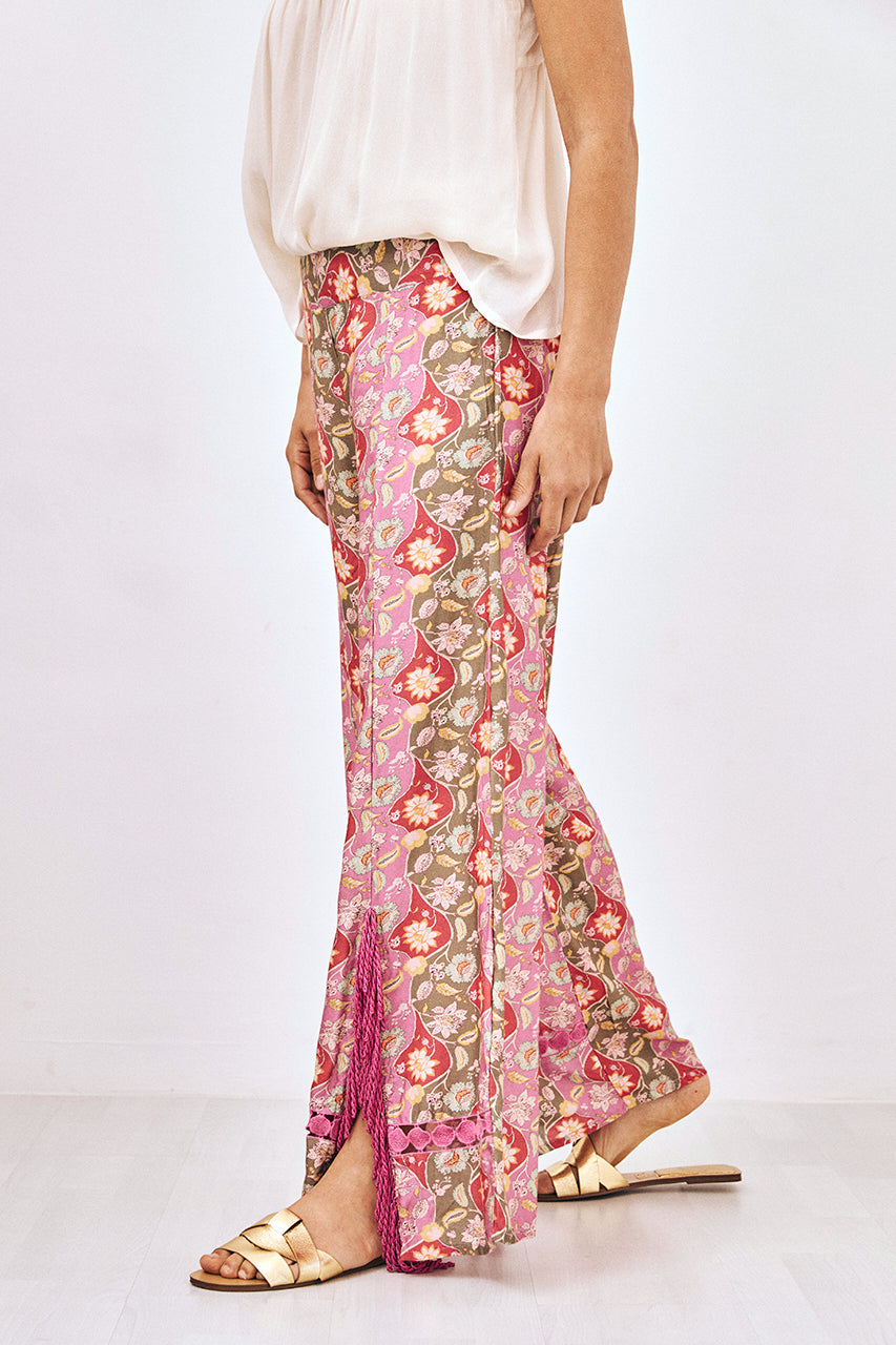 PRINTED TROUSERS WITH FRINGES AND LACE - PINK