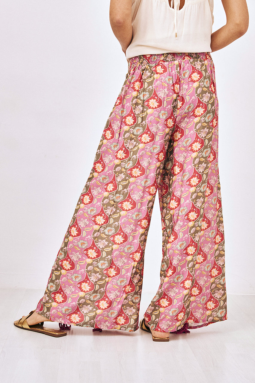 PRINTED TROUSERS WITH FRINGES AND LACE - PINK