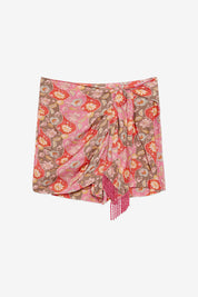 KNOTTED FRINGED PRINTED SKIRT - PINK