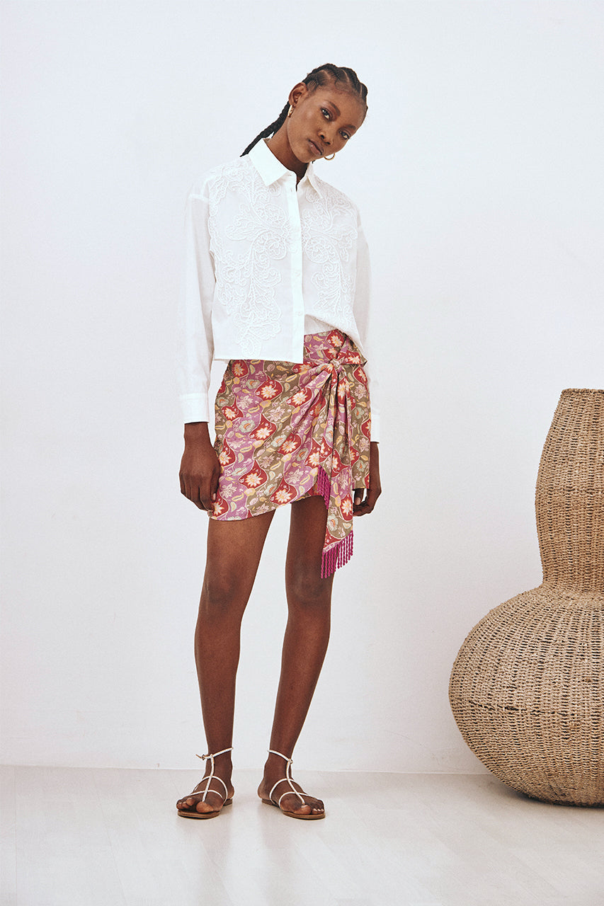 KNOTTED FRINGED PRINTED SKIRT - PINK