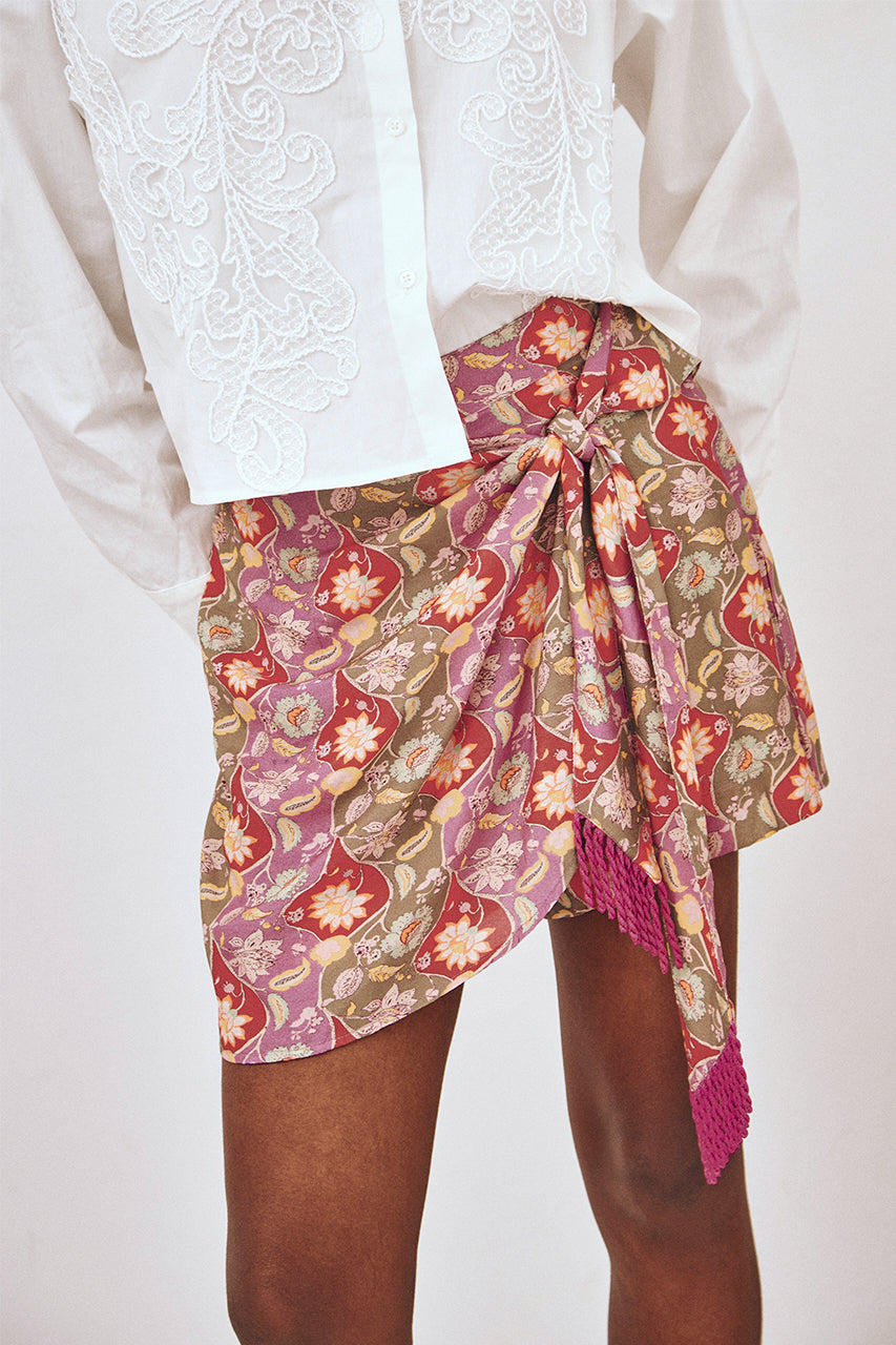 KNOTTED FRINGED PRINTED SKIRT - PINK