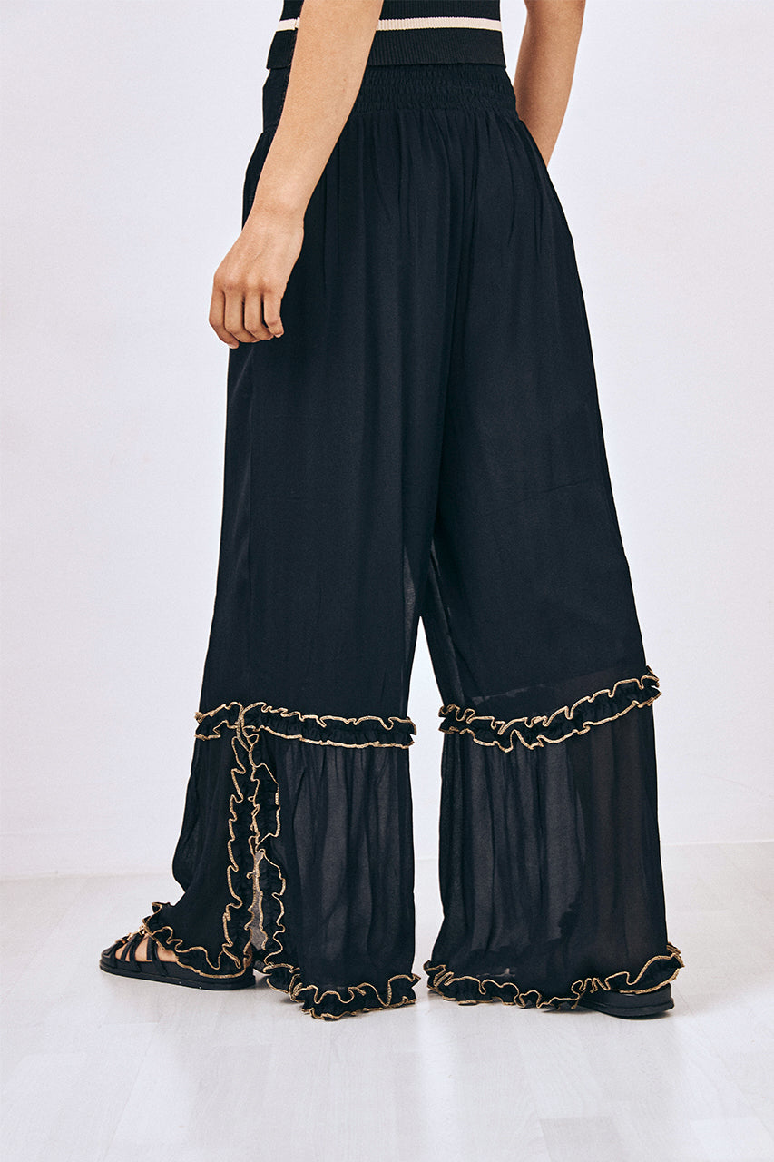 LUREX RUFFLE FLUID TIED TROUSERS - BLACK