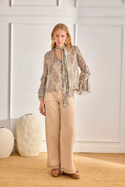 PAISLEY BLOUSE WITH BOW AND RUFFLES - VIOLET