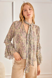 PAISLEY BLOUSE WITH BOW AND RUFFLES - VIOLET