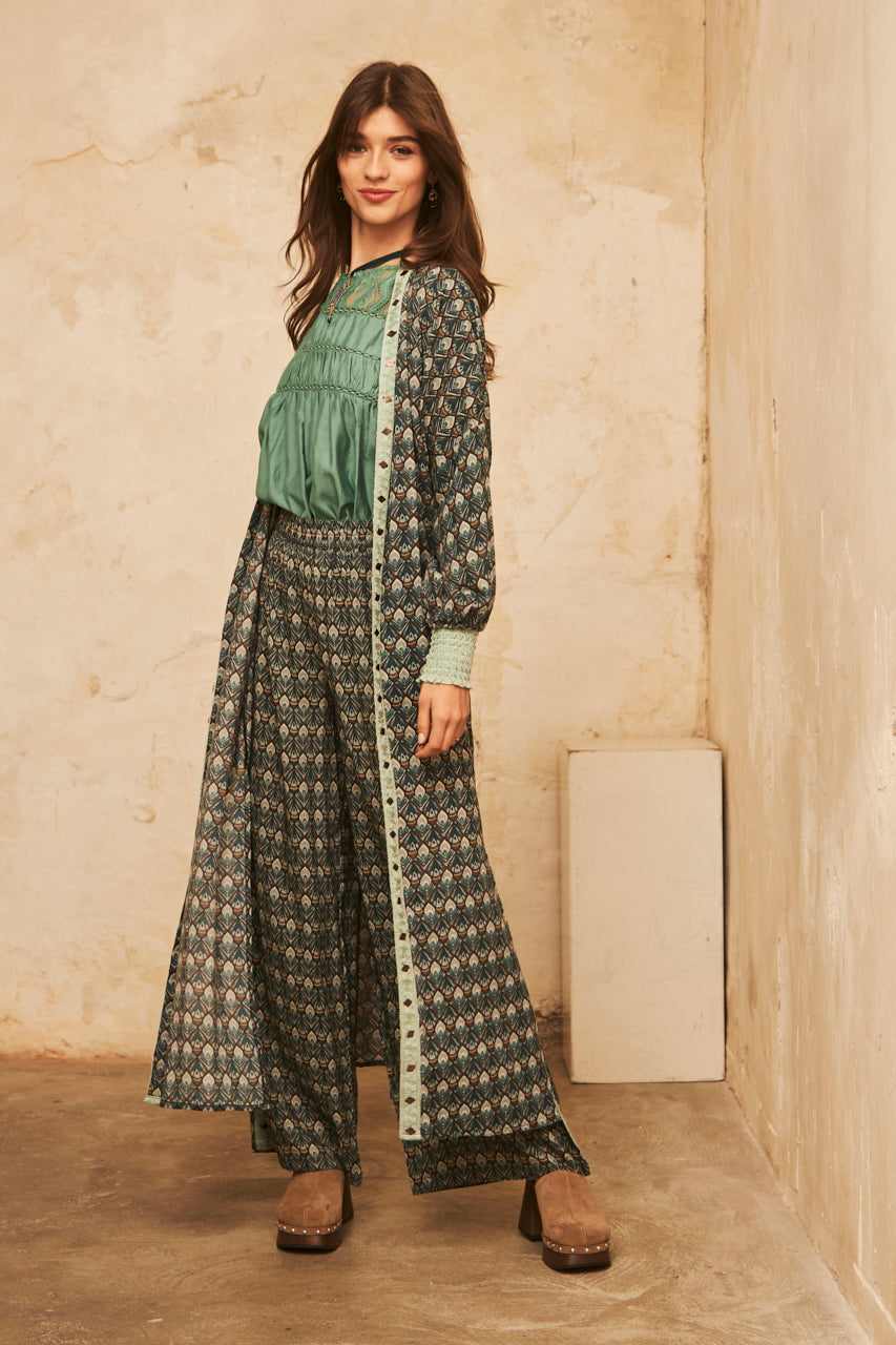 KIMONO LARGO MANGA LARGA ESTAMPADO CON BORDADO - GREEN