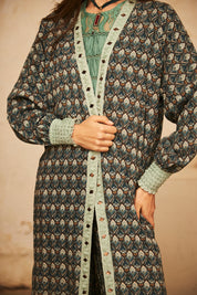 KIMONO LARGO MANGA LARGA ESTAMPADO CON BORDADO - GREEN