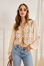 ROMANTIC BLOUSE WITH FLOWERS AND RIBBONS - OFF-WHITE