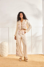 ROMANTIC BLOUSE WITH FLOWERS AND RIBBONS - OFF-WHITE