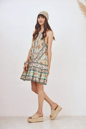 VESTIDO CORTO HALTER ESTAMPADO - TURQUESA
