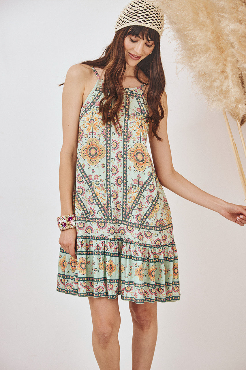 VESTIDO CORTO HALTER ESTAMPADO - TURQUESA