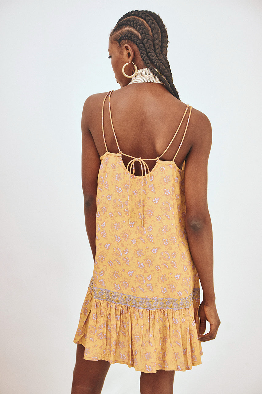 EMBROIDERED PRINTED STRAPPY SHORT DRESS - OCHRE