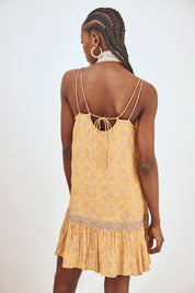 EMBROIDERED PRINTED STRAPPY SHORT DRESS - OCHRE