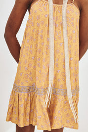 EMBROIDERED PRINTED STRAPPY SHORT DRESS - OCHRE