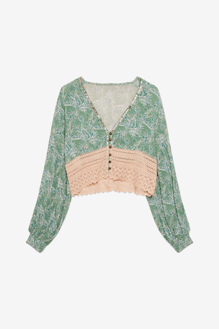 PRINTED BLOUSE WITH BUTTONS AND LACE - GREEN
