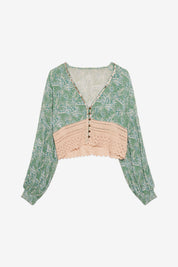 PRINTED BLOUSE WITH BUTTONS AND LACE - GREEN