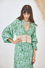 PRINTED BLOUSE WITH BUTTONS AND LACE - GREEN