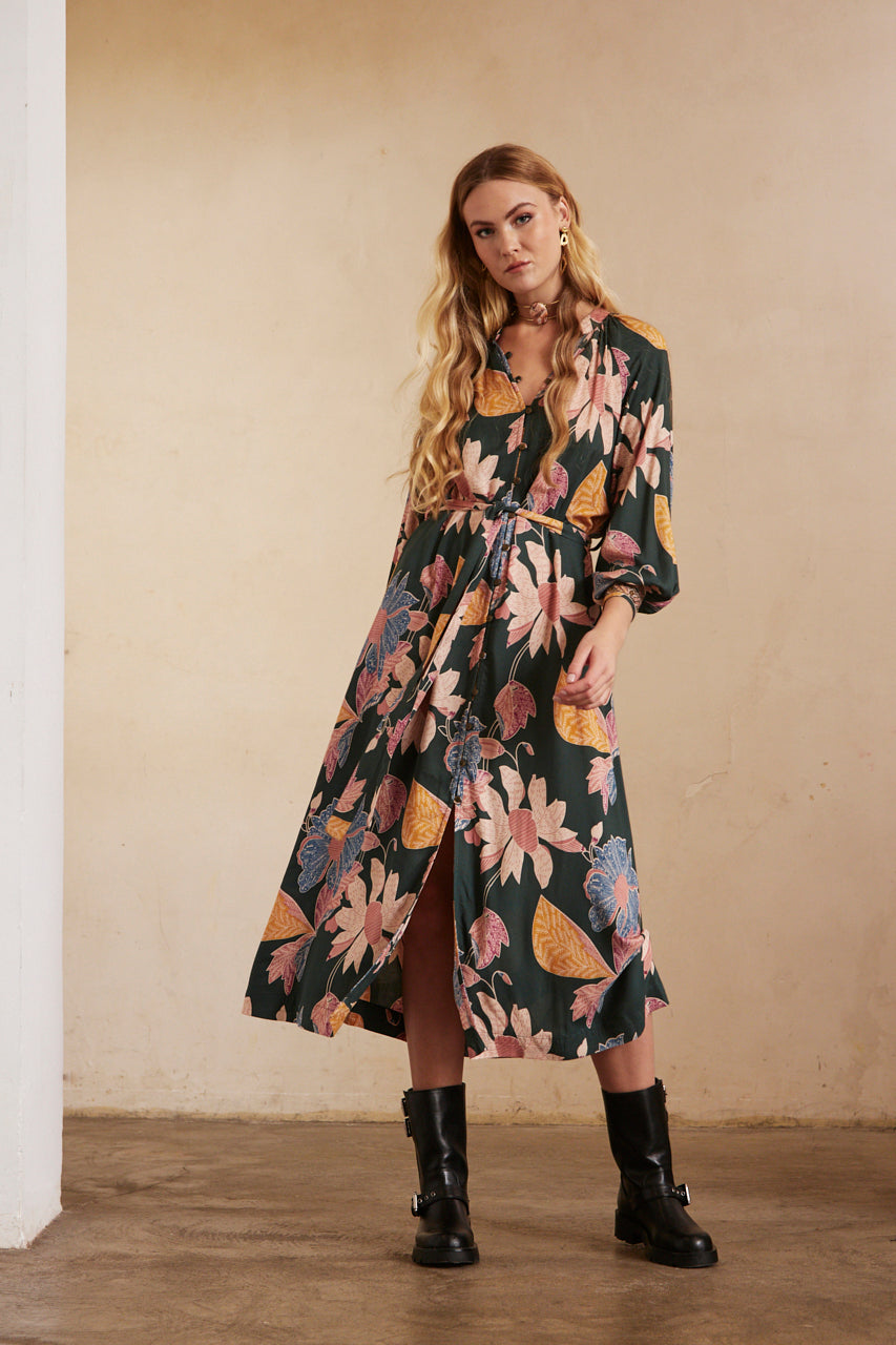 Long-sleeved printed shirt dress with embroidery - Green