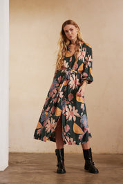 Long-sleeved printed shirt dress with embroidery - Green