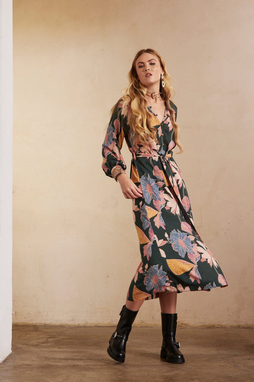 Long-sleeved printed shirt dress with embroidery - Green