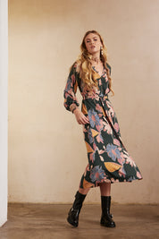 Long-sleeved printed shirt dress with embroidery - Green