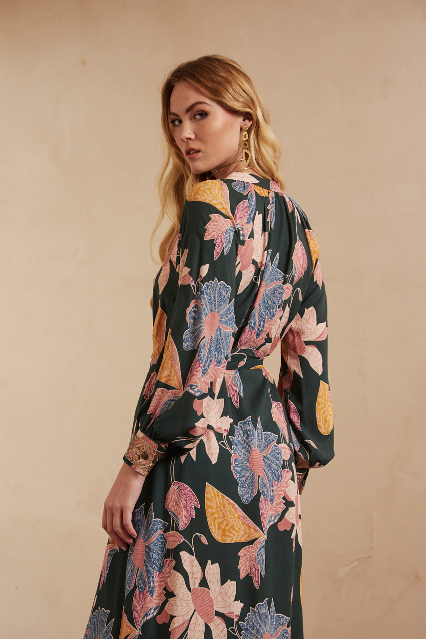 Long-sleeved printed shirt dress with embroidery - Green