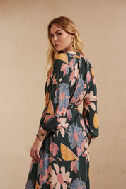 Long-sleeved printed shirt dress with embroidery - Green