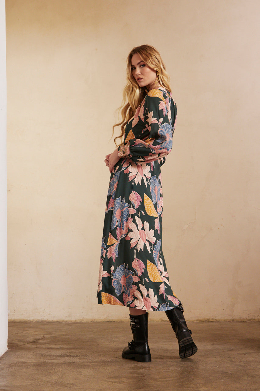 Long-sleeved printed shirt dress with embroidery - Green