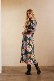 Long-sleeved printed shirt dress with embroidery - Green