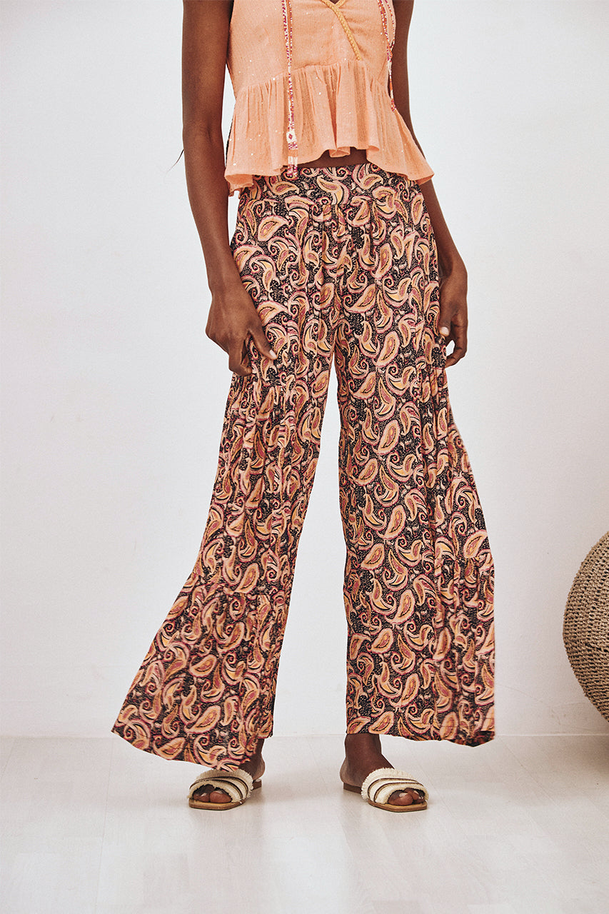 PANTALÓN FLUIDO ESTAMPADO PAISLEY - NEGRO