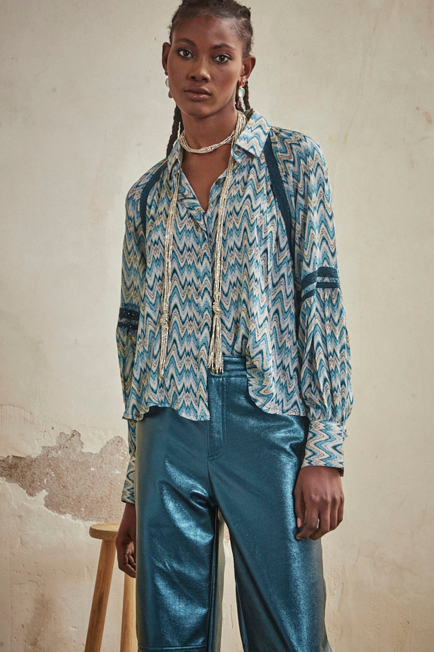 LONG SLEEVE PRINTED SHIRT WITH BLONDE - TURQUOISE