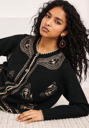 CÁRDIGAN DE LANA CON BORDADOS PAISLEY - NEGRO