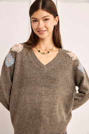 FLORAL SHOULDER JERSEY - CHOCOLATE