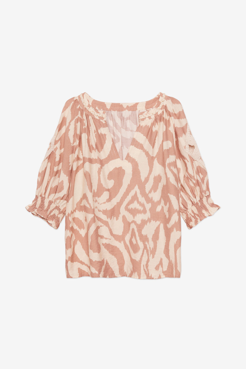 PRINTED BLOUSE WITH CROCHET DETAILS - BEIGE